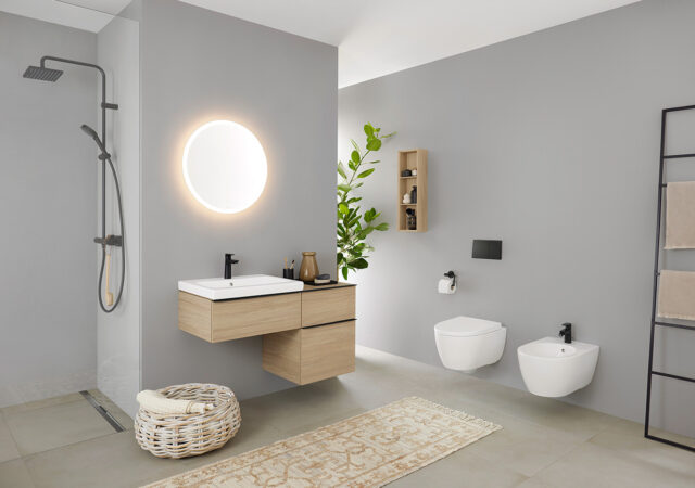 Option-Mirror-Round-60-light-on_iCon-Bathroom-with-lay-on-washbasin-white-matt,-WC-wall-hung-white-matt,-Bidet-wall-hung-white-matt